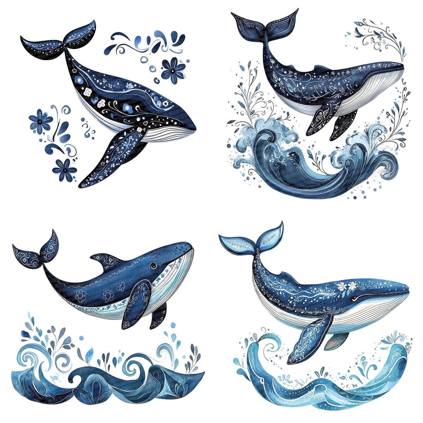 Flat Folk Art Whale Splash Clipart Set (DDD005355)