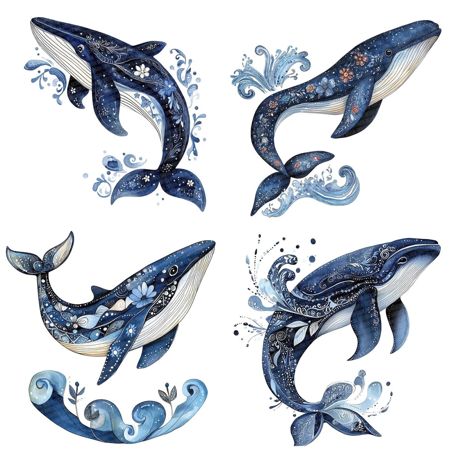 Flat Folk Art Whale Splash Clipart Set (DDD005355)