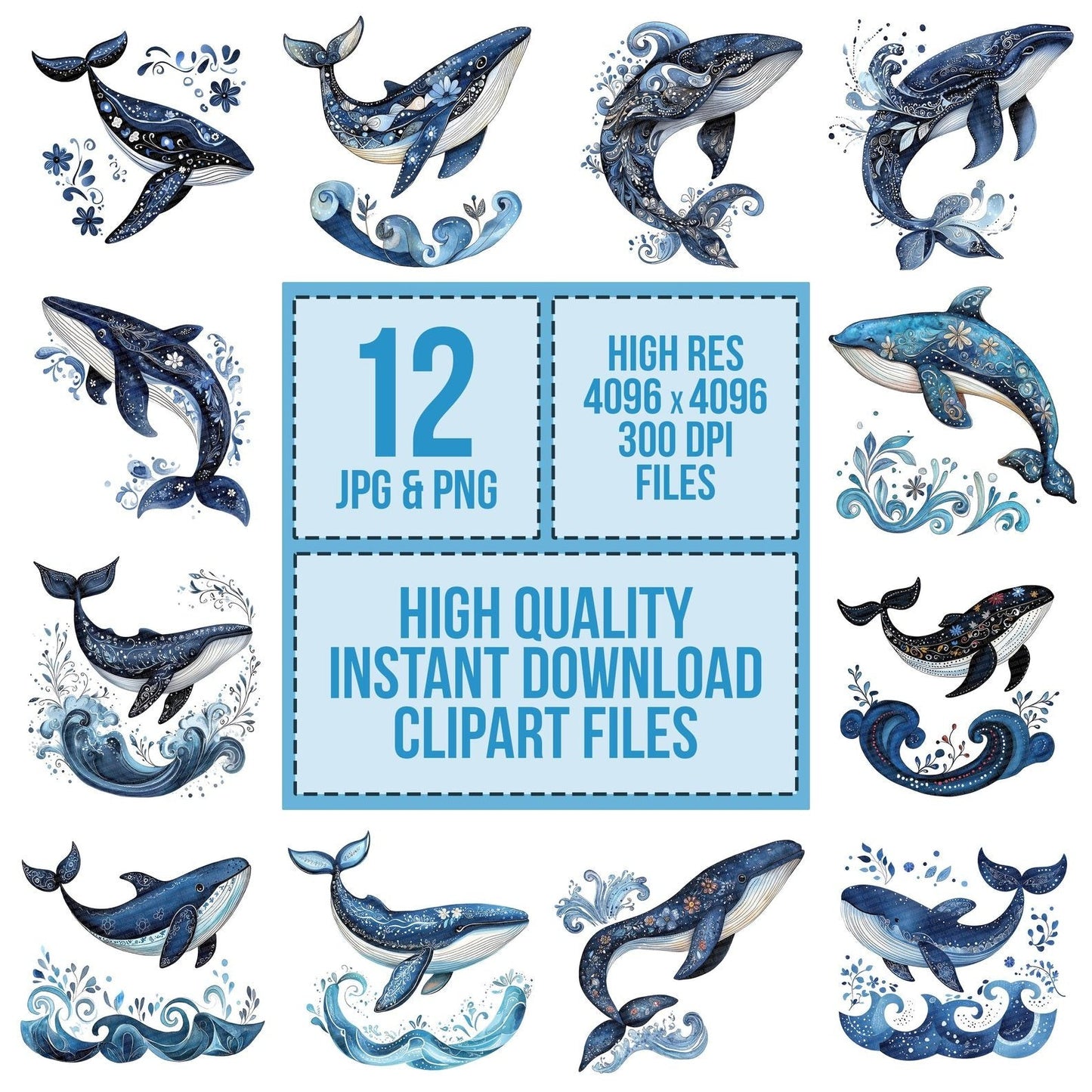 Flat Folk Art Whale Splash Clipart Set (DDD005355)