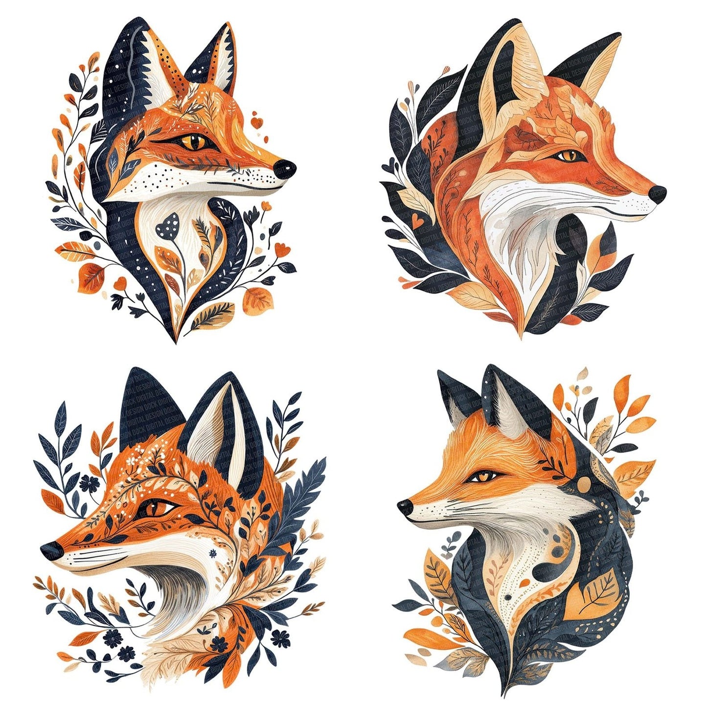 Flat Folk Fox Head Clipart Set (DDD005357)