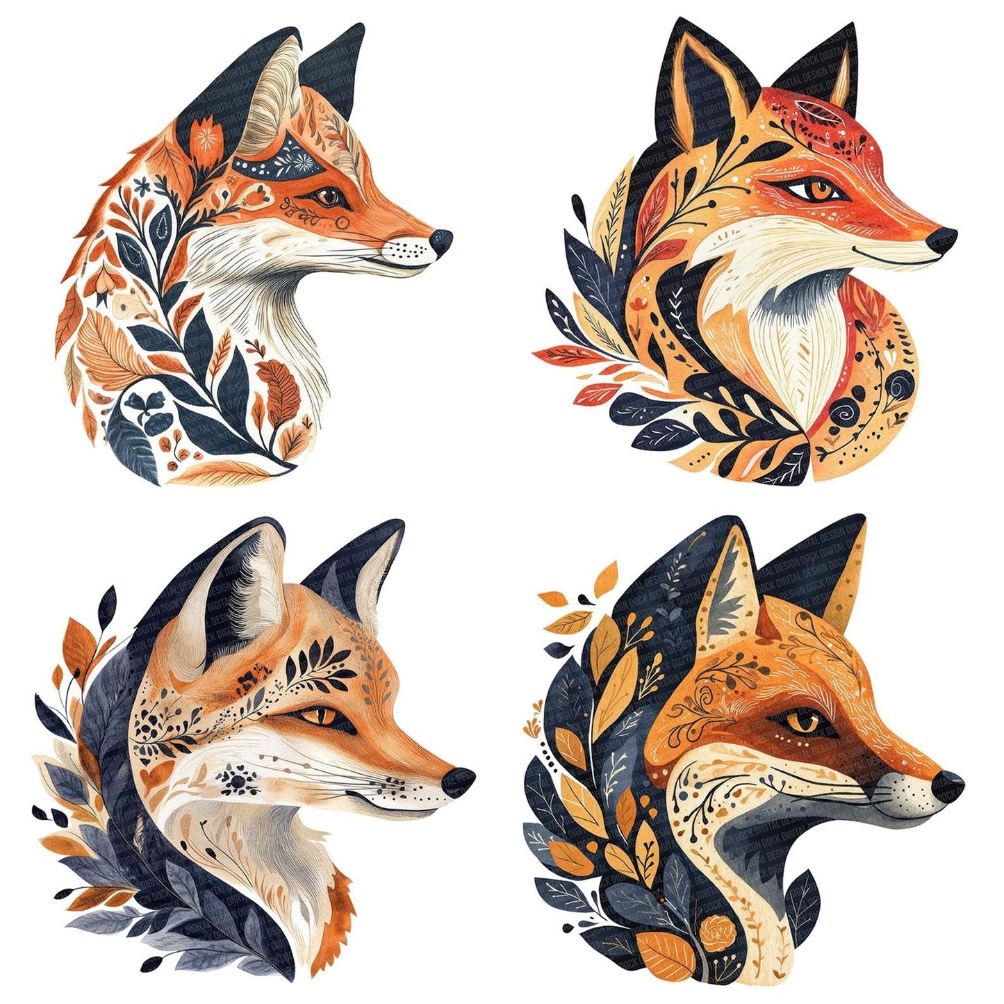 Flat Folk Fox Head Clipart Set (DDD005357)