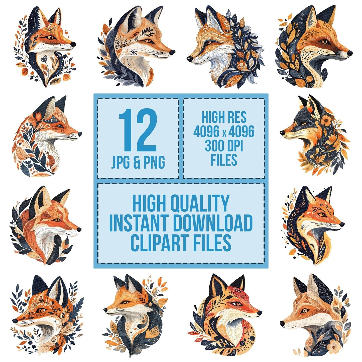 Flat Folk Fox Head Clipart Set (DDD005357)
