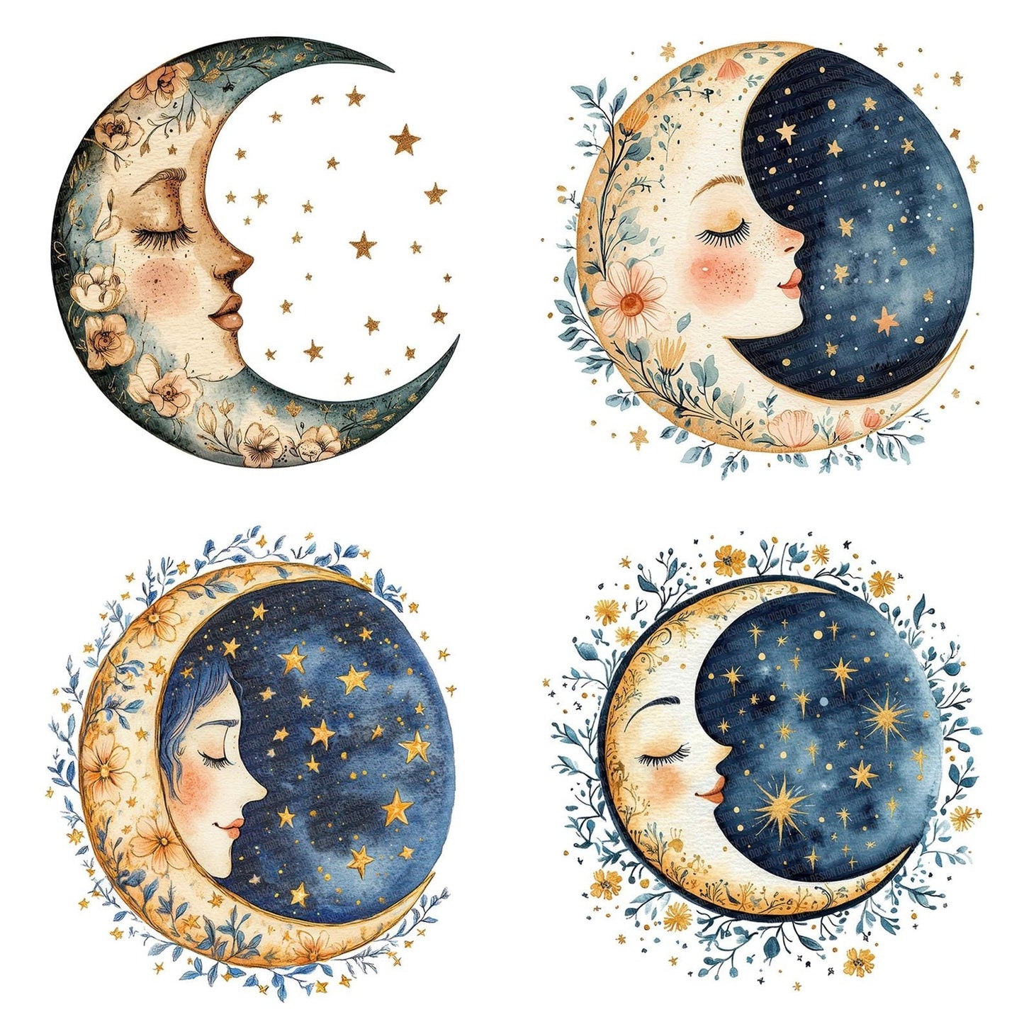 Flat Moon with Florals Clipart Set (DDD005362)