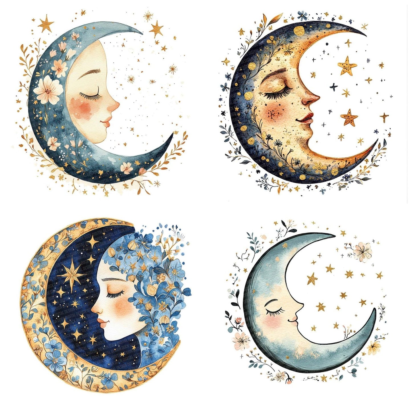 Flat Moon with Florals Clipart Set (DDD005362)