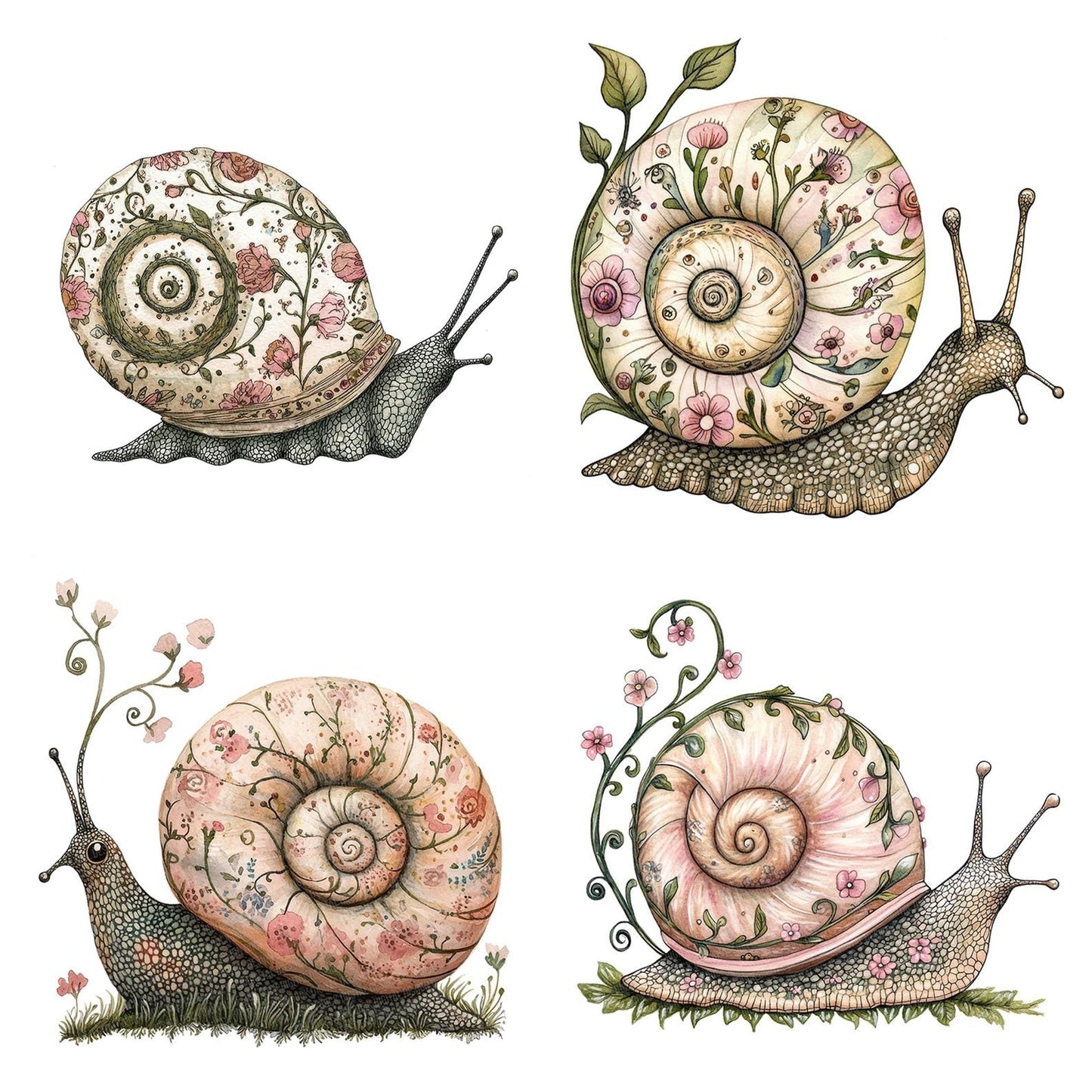 Flat Snail with Vines Clipart Set (DDD005363)