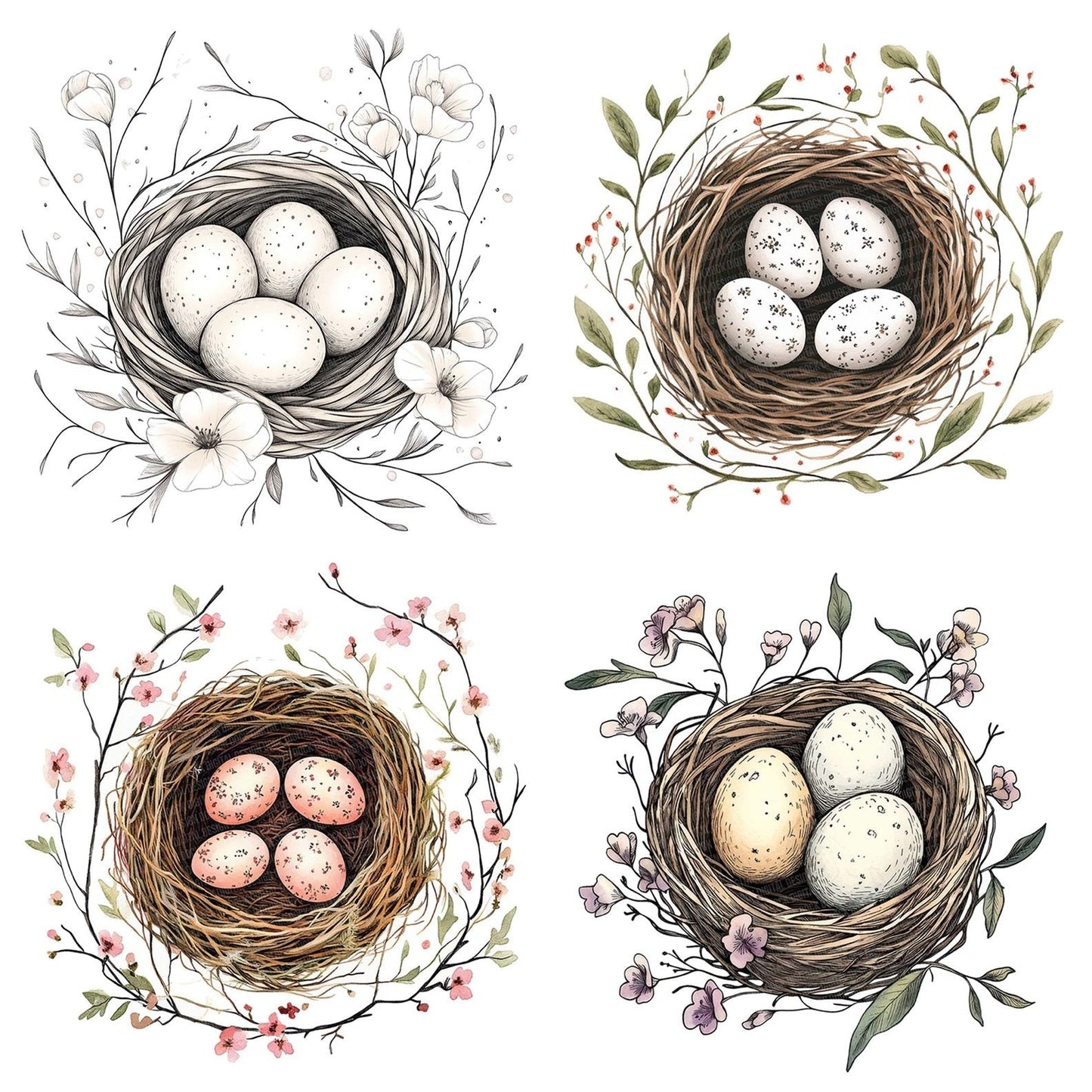 Floral Bird Nest Silhouette Clipart Set (DDD005372)