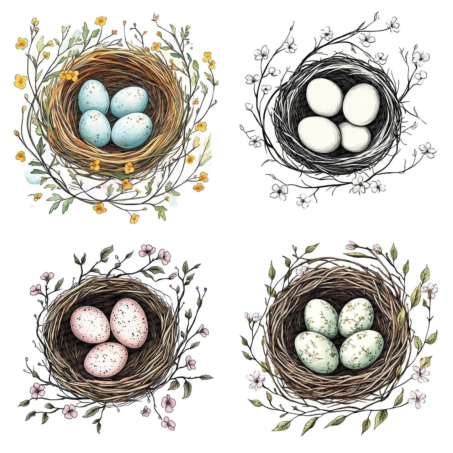 Floral Bird Nest Silhouette Clipart Set (DDD005372)