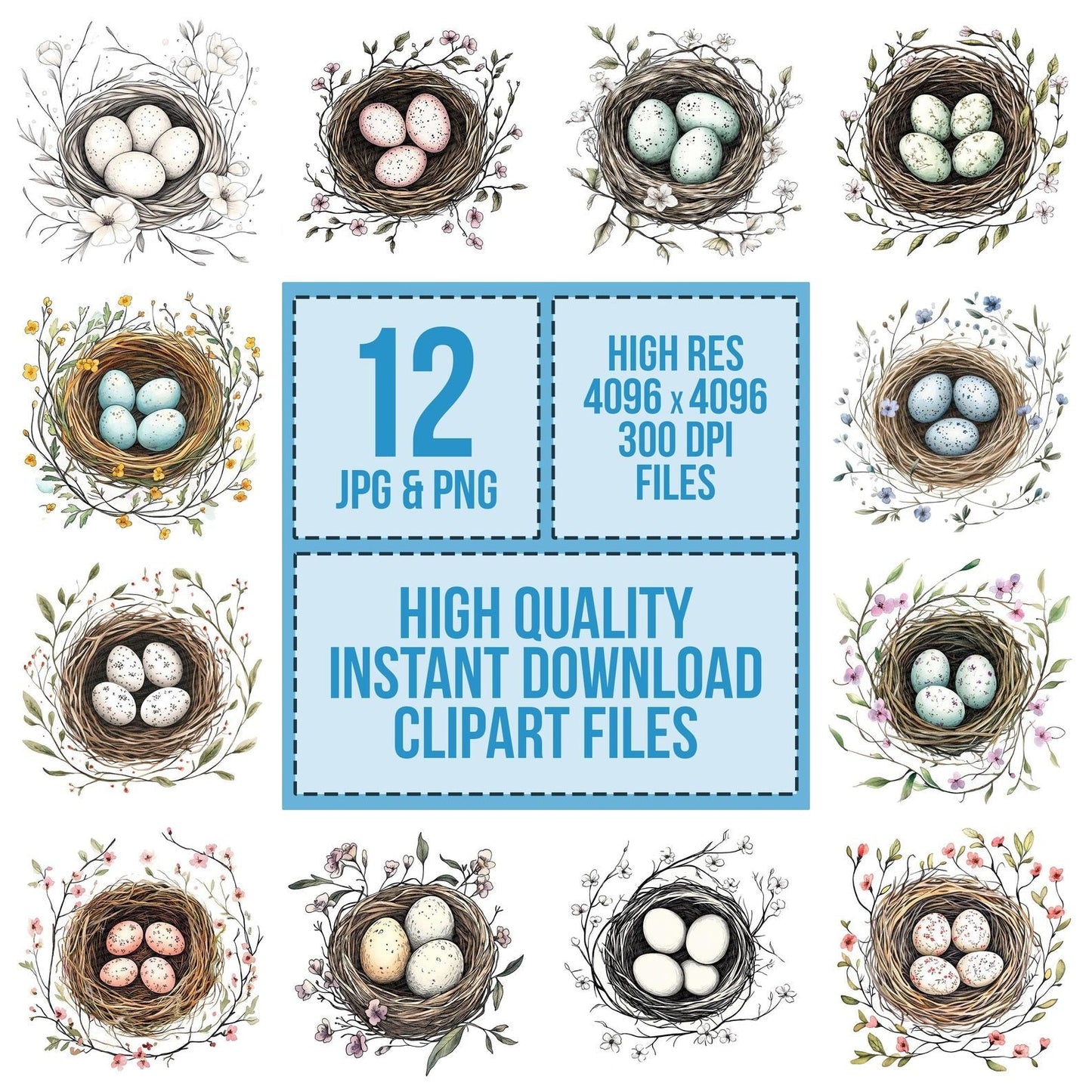 Floral Bird Nest Silhouette Clipart Set (DDD005372)