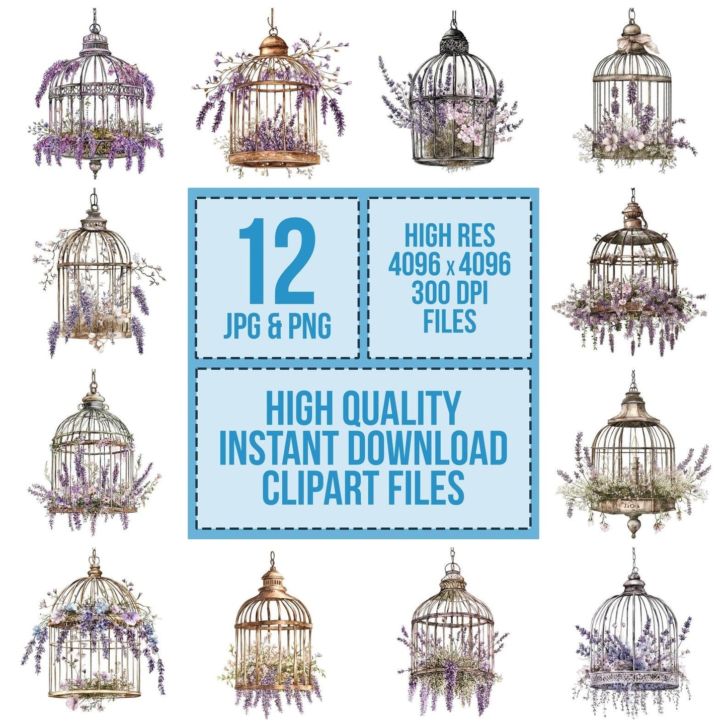 Floral Birdcage Chandelier Clipart Set (DDD005374)