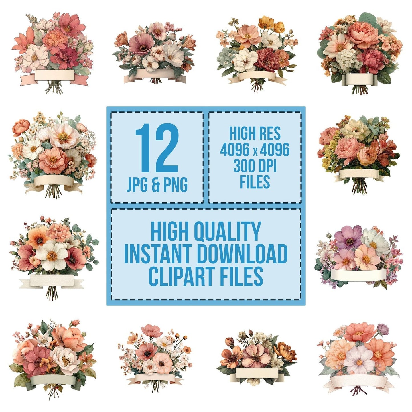 Floral Bouquet Stem Banner Clipart Set (DDD005382)