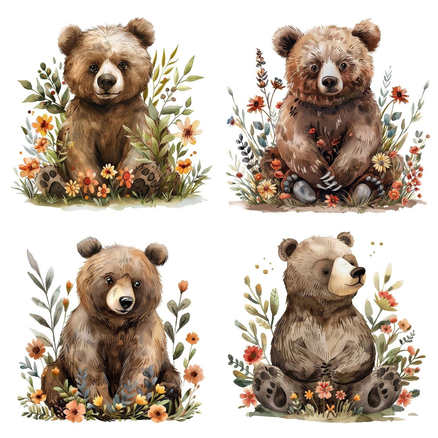 Floral Brown Bear Clipart Set (DDD005384)