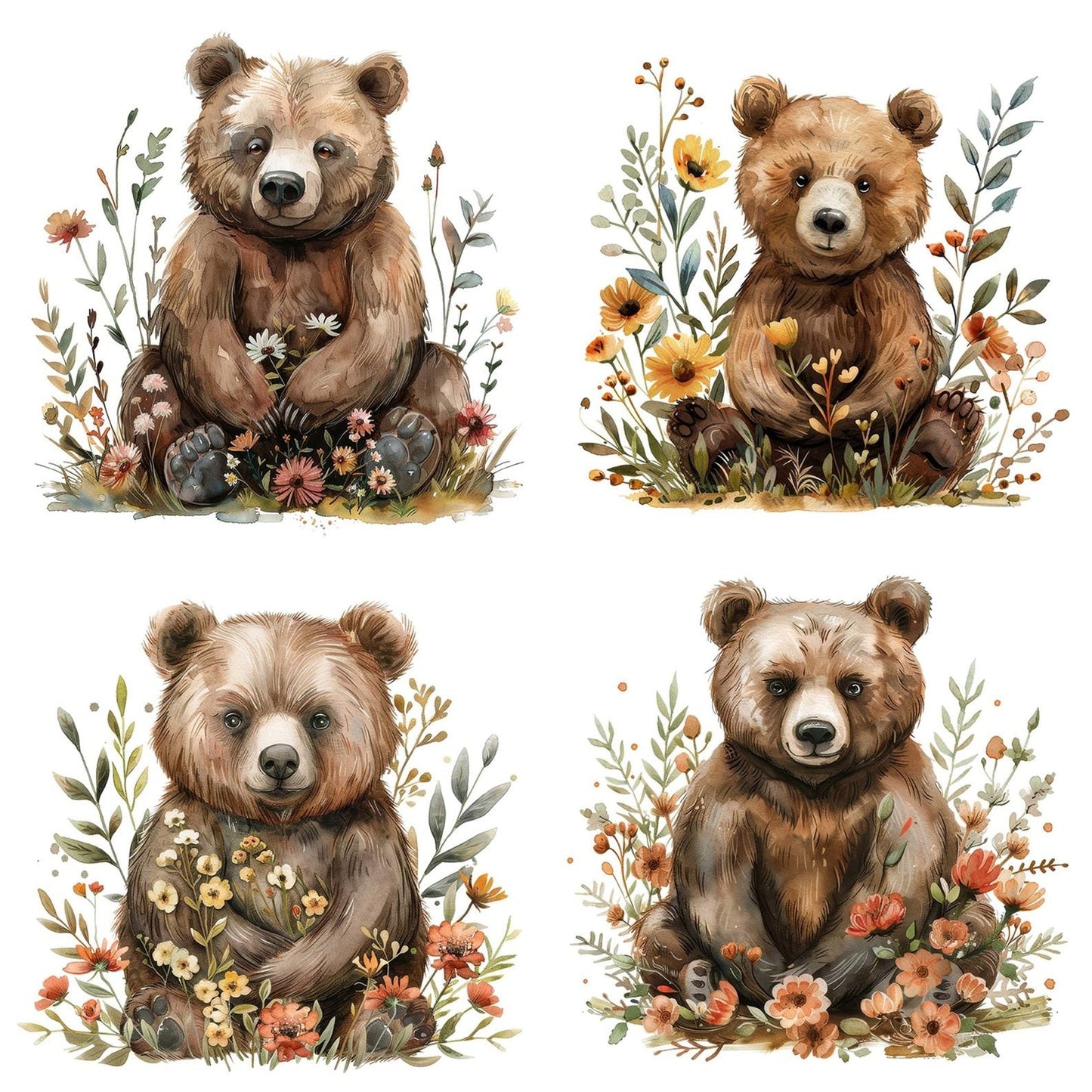 Floral Brown Bear Clipart Set (DDD005384)