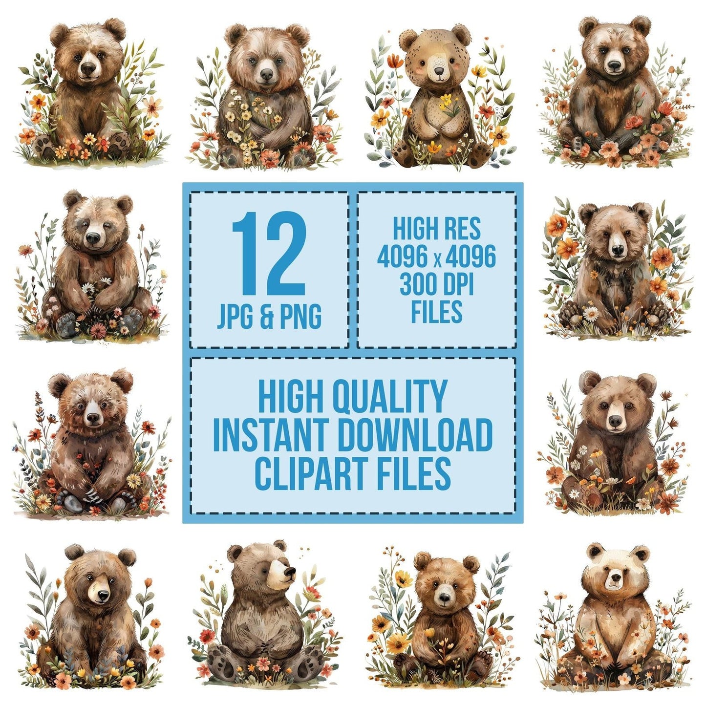 Floral Brown Bear Clipart Set (DDD005384)