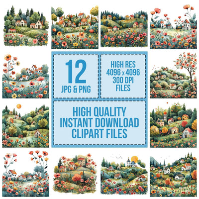Floral Cartoon Village clipart set cover showing the designs and file details