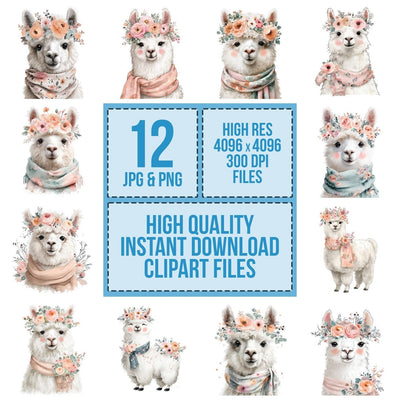 Floral Crown Llama clipart set cover showing the designs and file details