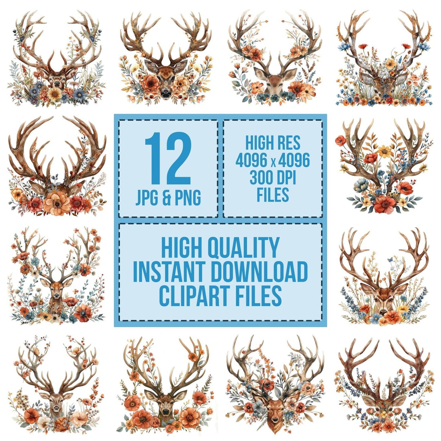 Floral Deer Antlers Clipart Set (DDD005392)