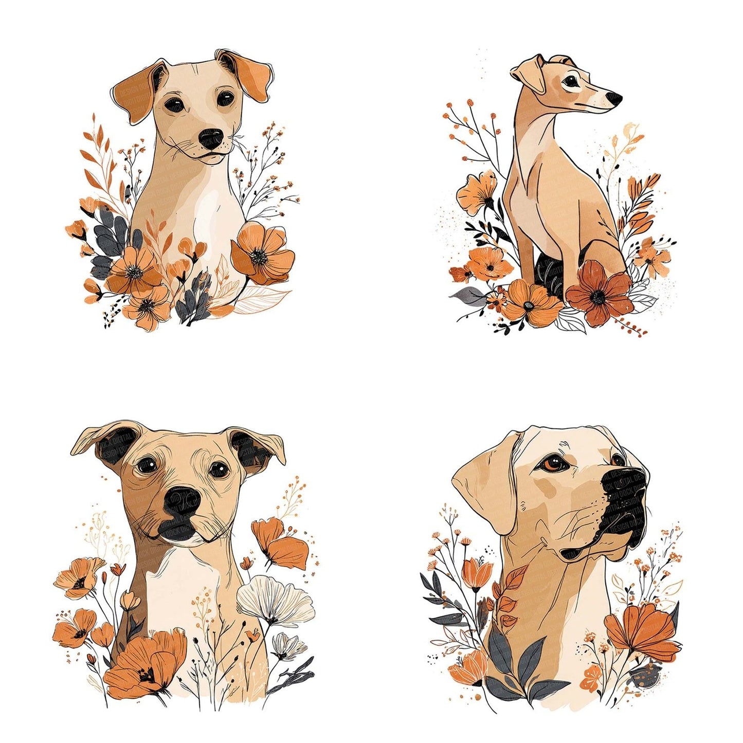Floral Dog Line Art Clipart Set (DDD005393)