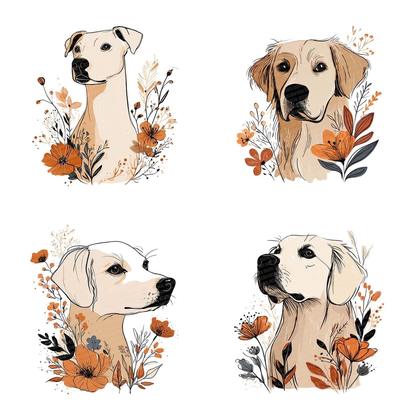 Floral Dog Line Art Clipart Set (DDD005393)