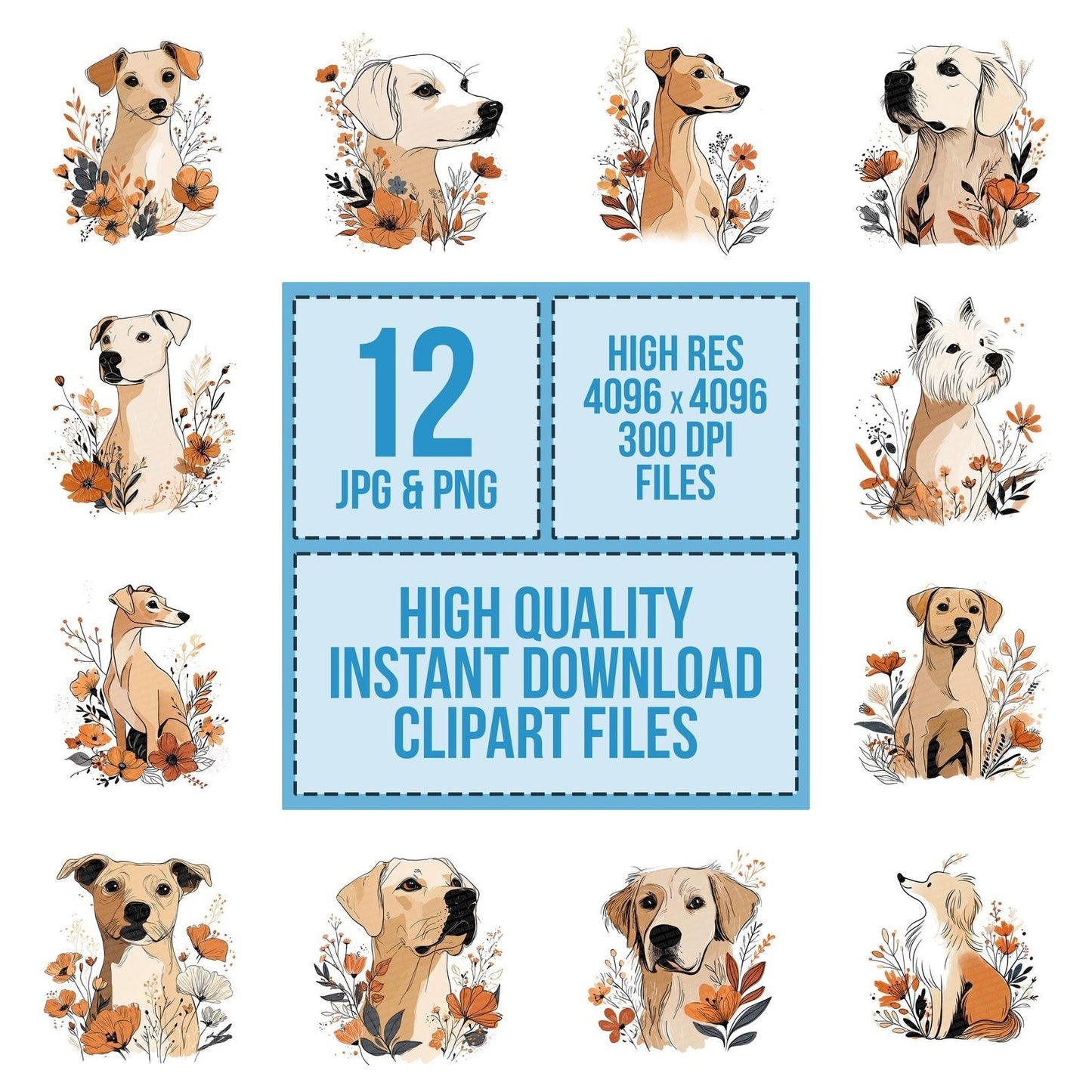 Floral Dog Line Art Clipart Set (DDD005393)