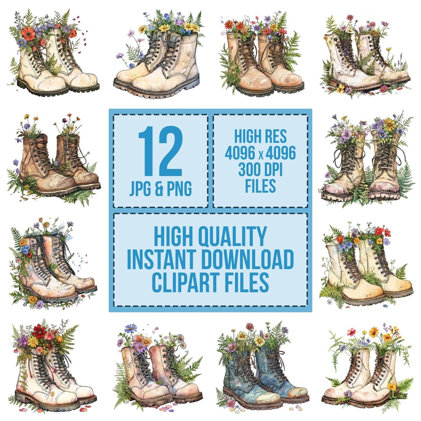 Floral Filled Vintage Boots Clipart Set (DDD005397)