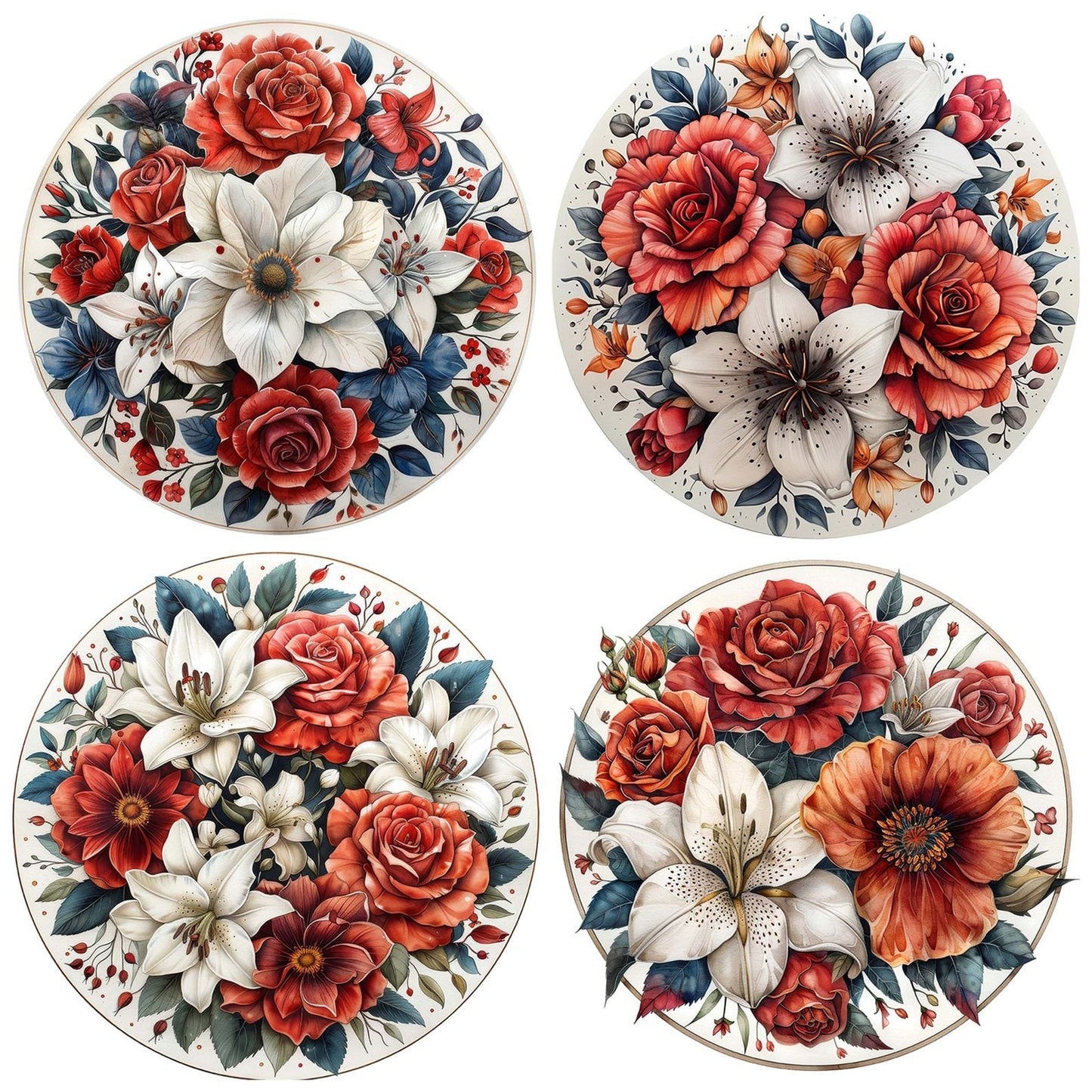 Floral Mandala Roses and Lilies Clipart Set (DDD005408)