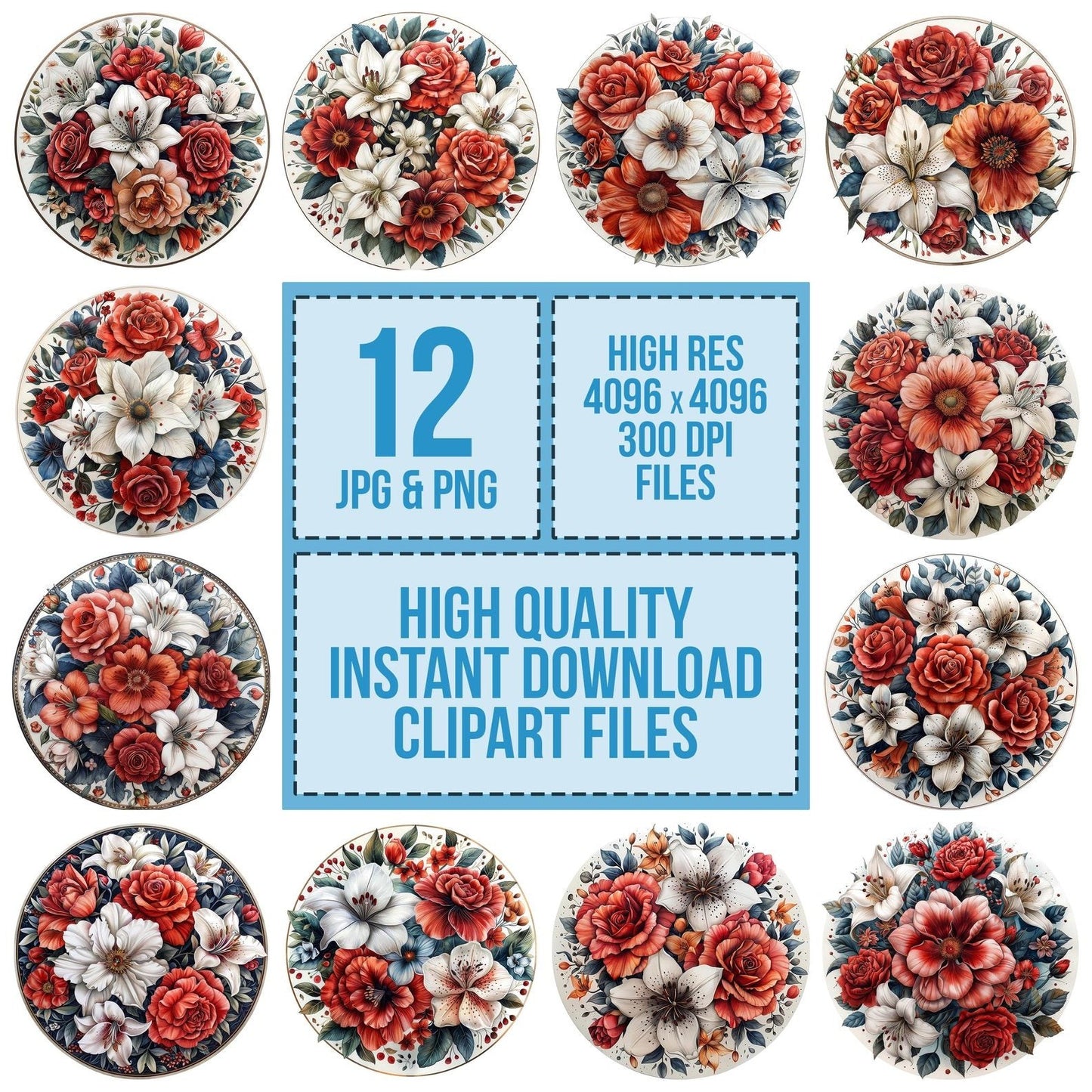 Floral Mandala Roses and Lilies Clipart Set (DDD005408)