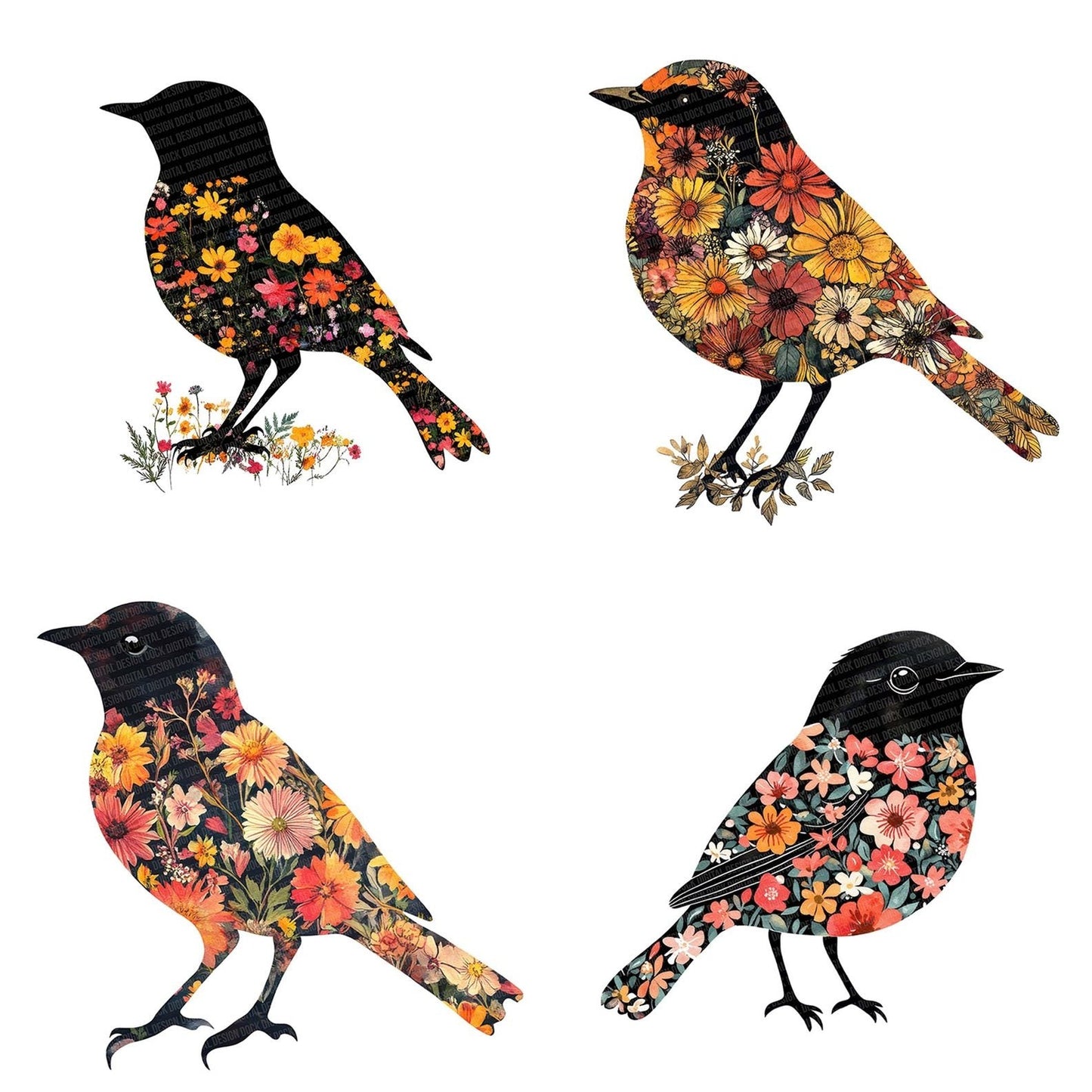 Floral Robin Silhouette Clipart Set (DDD005426)