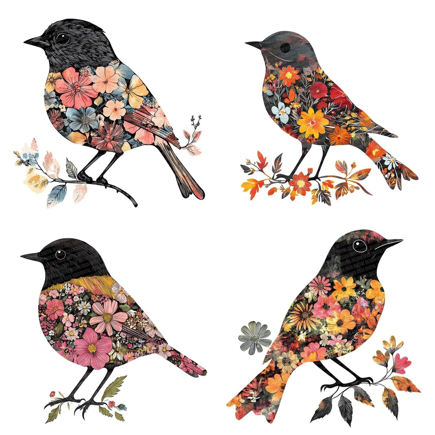 Floral Robin Silhouette Clipart Set (DDD005426)