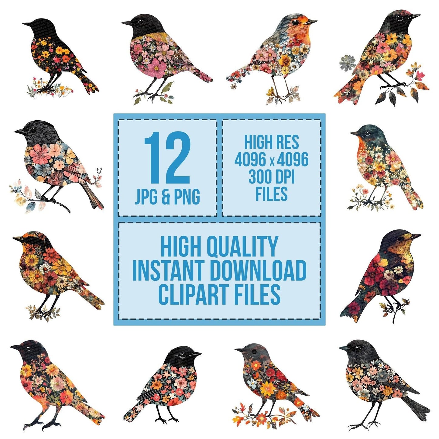 Floral Robin Silhouette Clipart Set (DDD005426)
