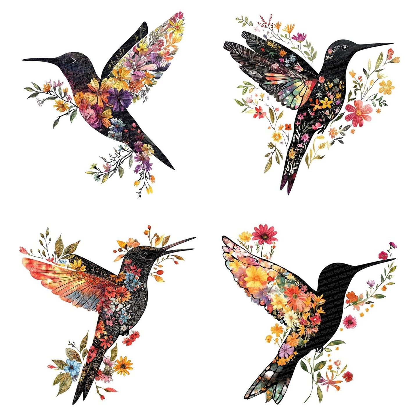 Floral Silhouette Hummingbird Clipart Set (DDD005428)