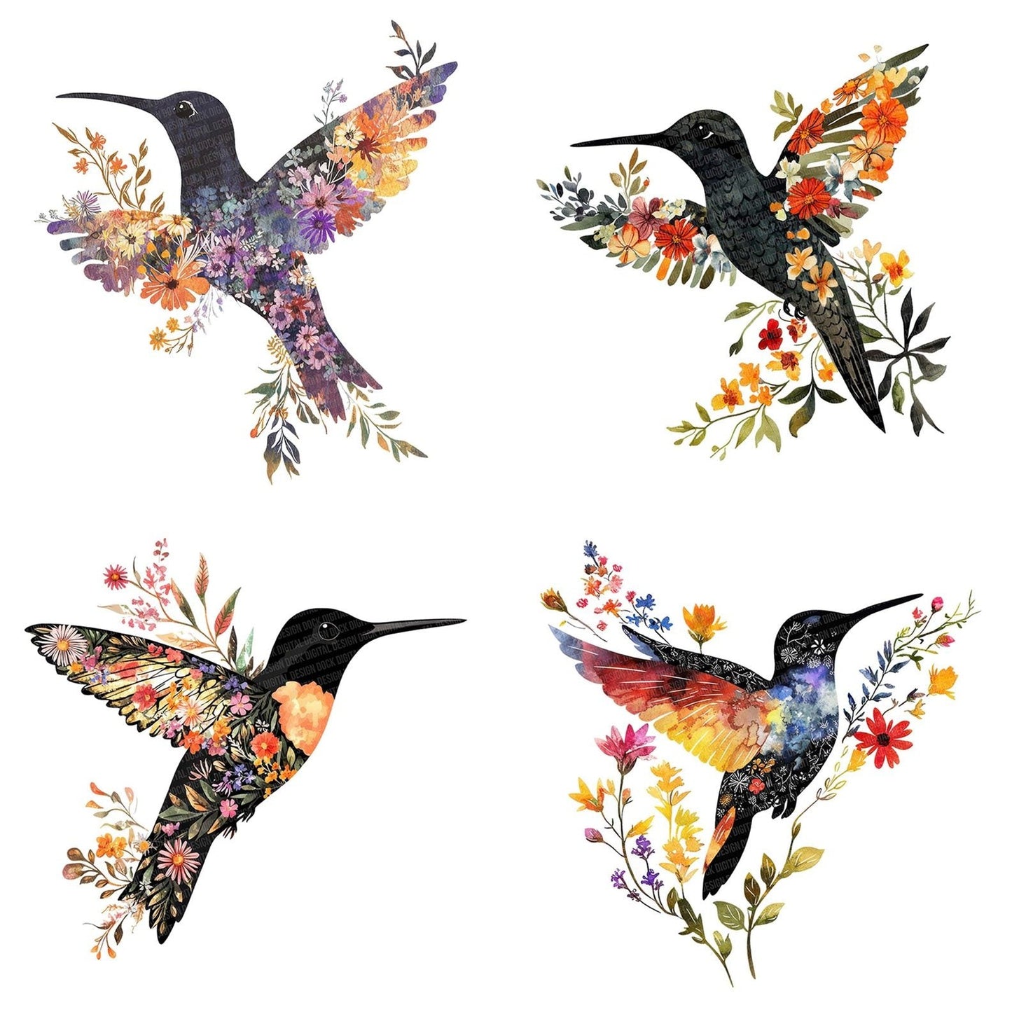 Floral Silhouette Hummingbird Clipart Set (DDD005428)