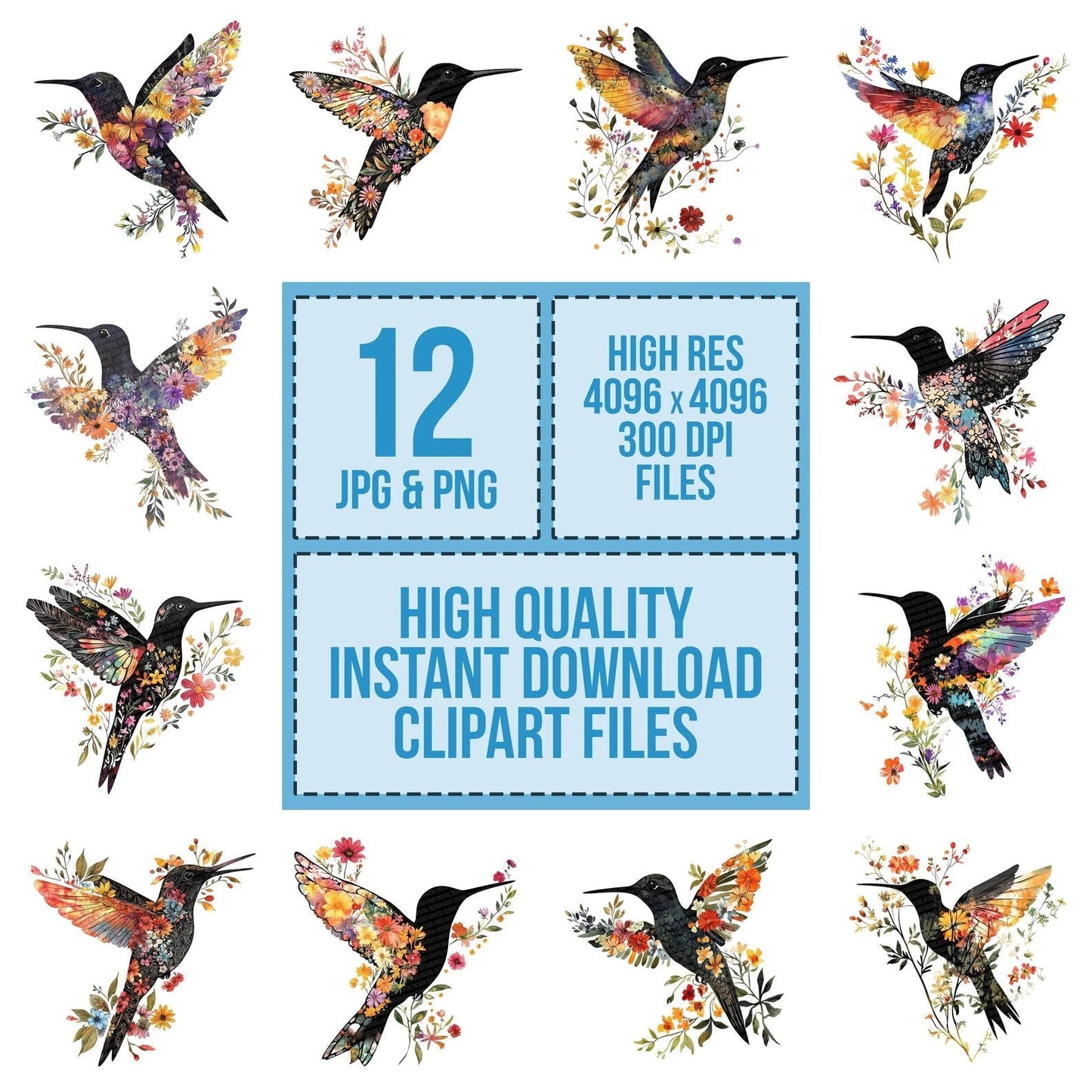 Floral Silhouette Hummingbird Clipart Set (DDD005428)