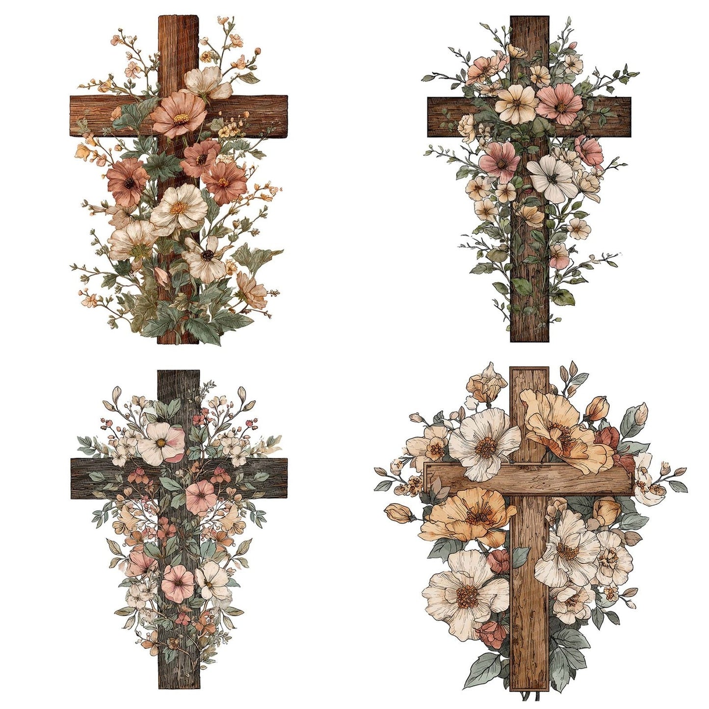 Floral Wooden Cross Clipart Set (DDD005448)
