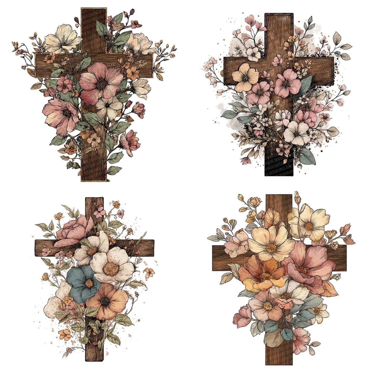 Floral Wooden Cross Clipart Set (DDD005448)