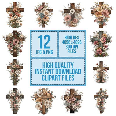 Floral Wooden Cross clipart set cover showing the designs and file details