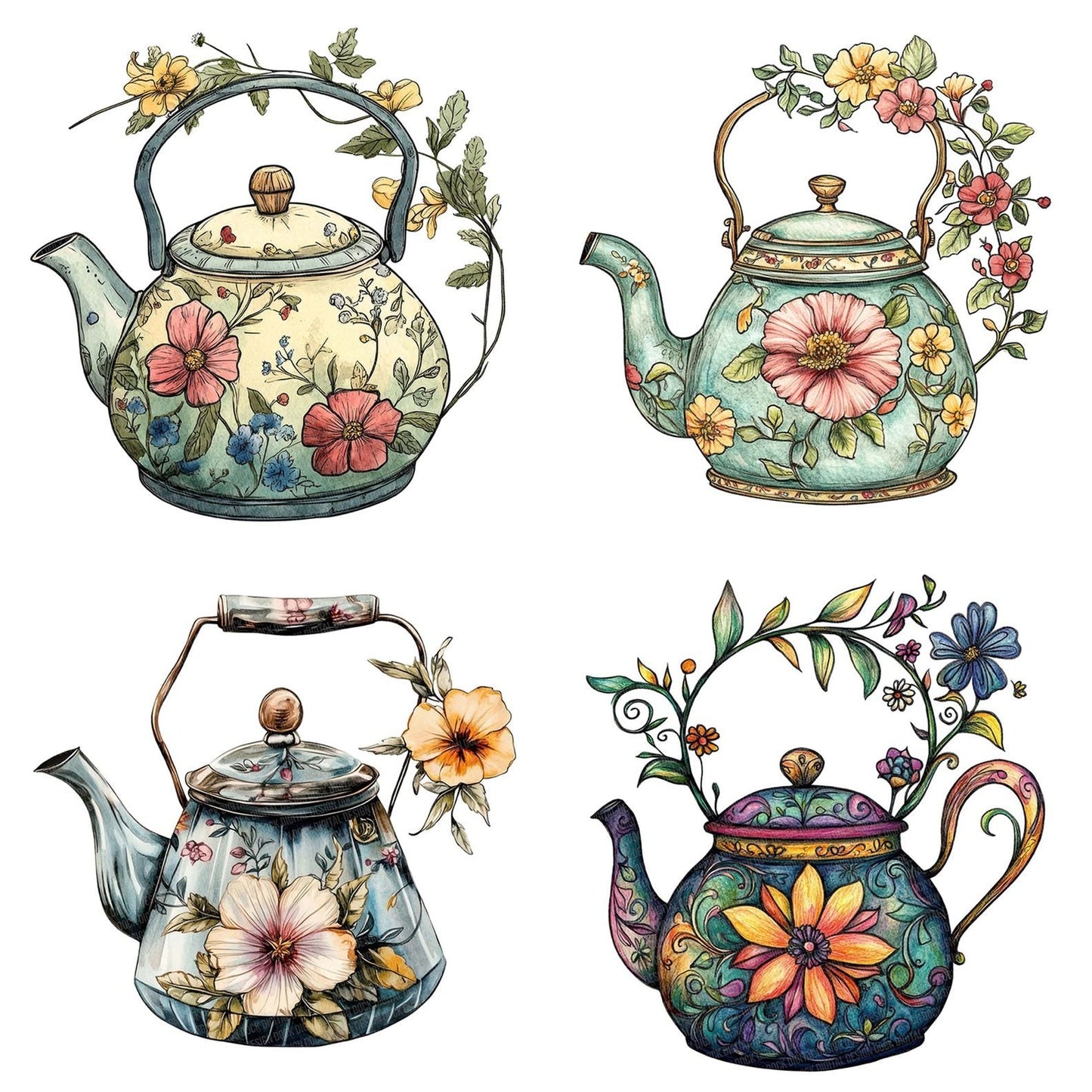 Floral Wrapped Tea Kettle Clipart Set (DDD005450)
