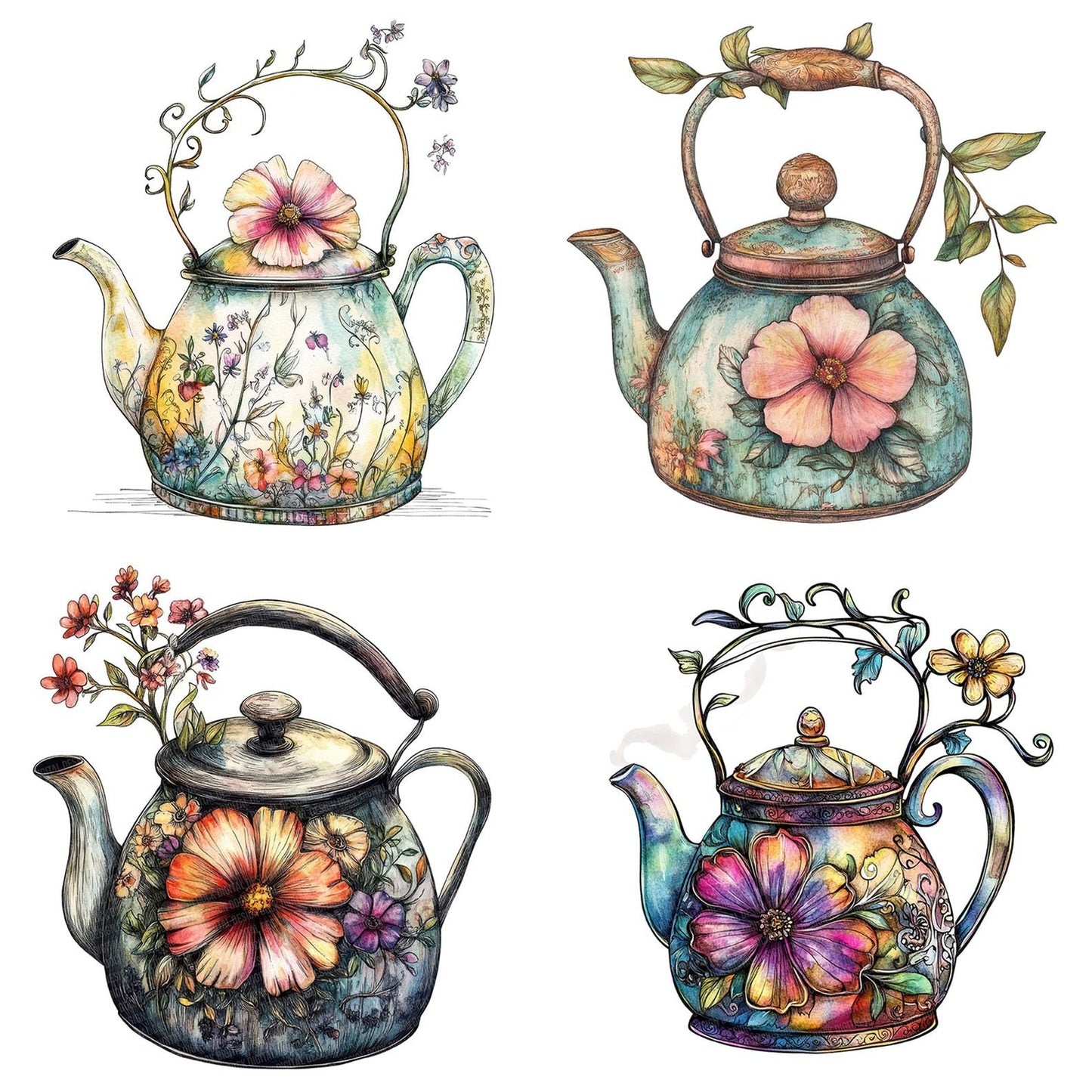 Floral Wrapped Tea Kettle Clipart Set (DDD005450)