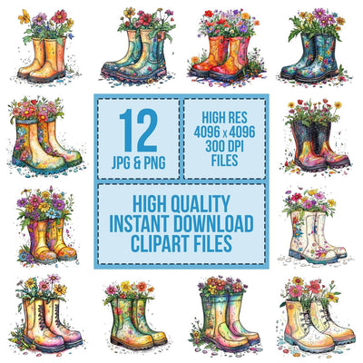 Flower Filled Rain Boots clipart set cover showing the designs and file details