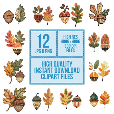 Folk Acorn and Leaf clipart set cover showing the designs and file details