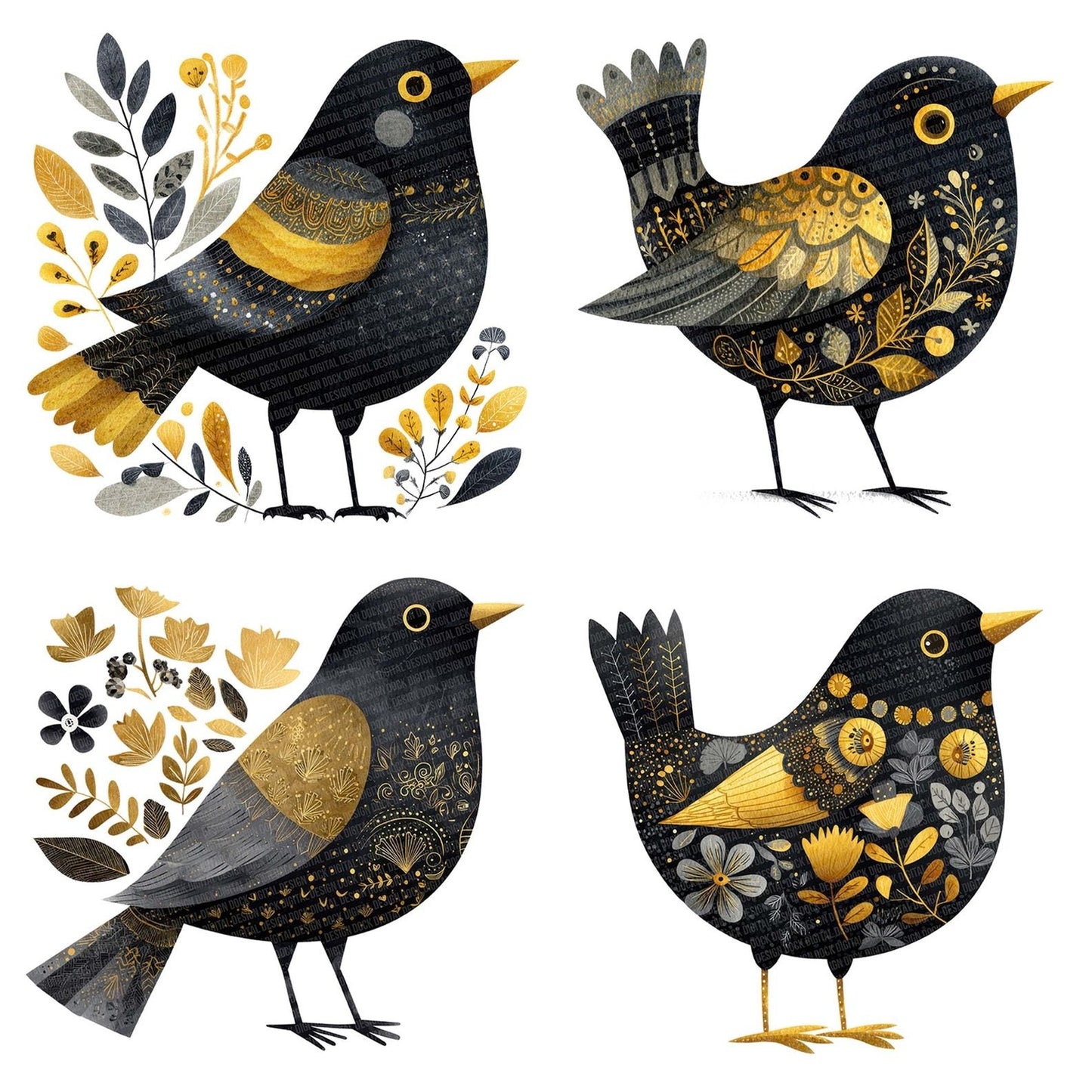 Folk Art Blackbird Clipart Set (DDD005462)