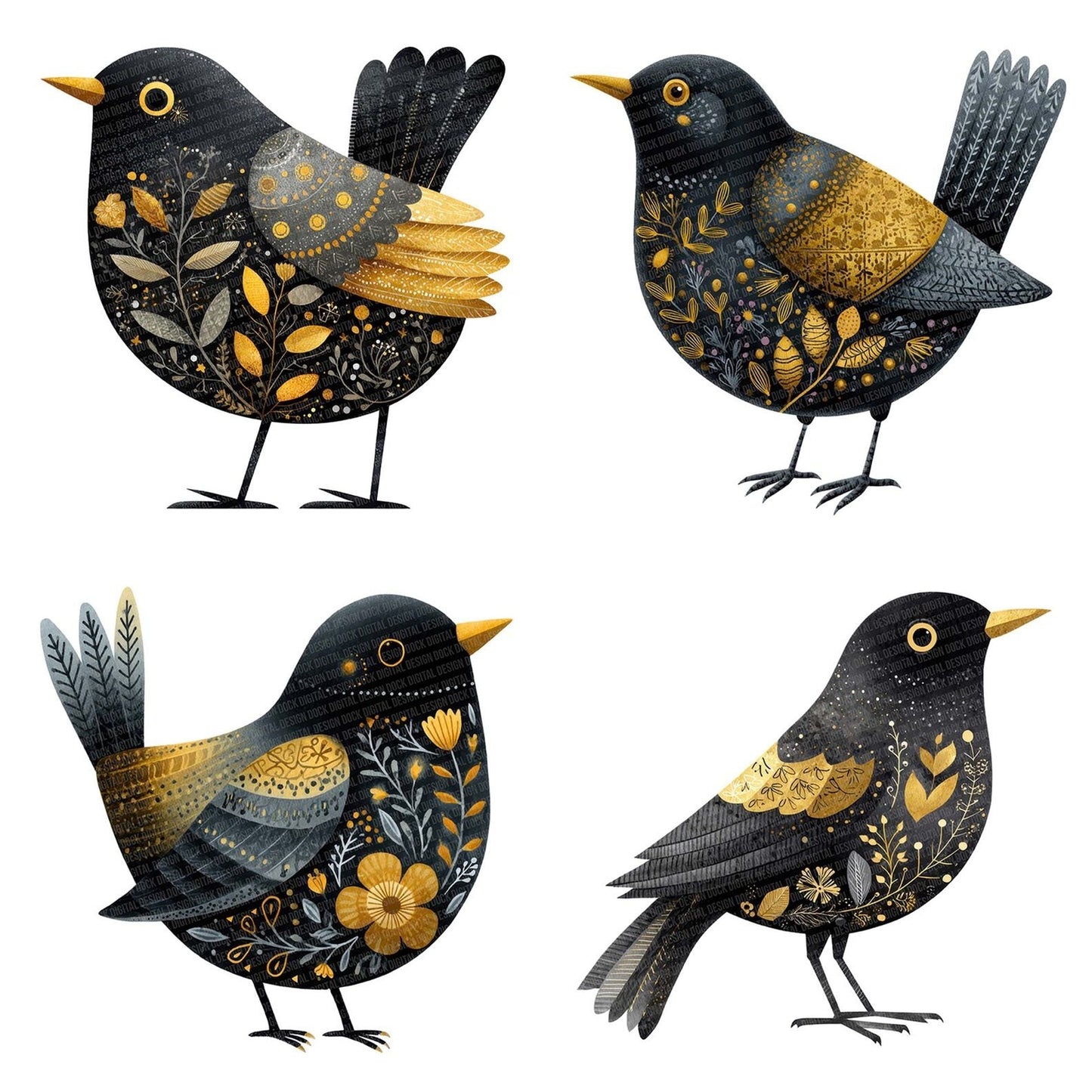 Folk Art Blackbird Clipart Set (DDD005462)