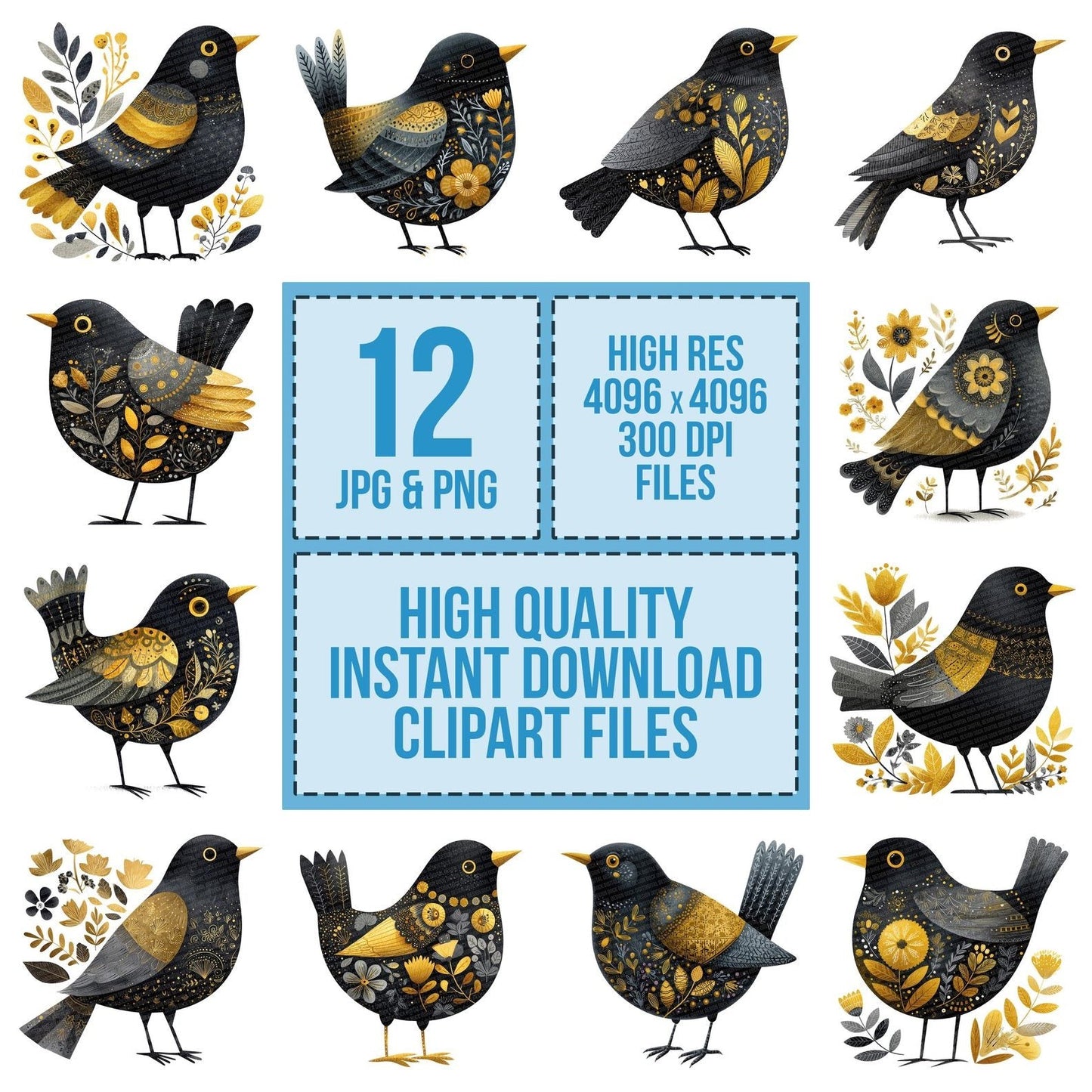 Folk Art Blackbird Clipart Set (DDD005462)