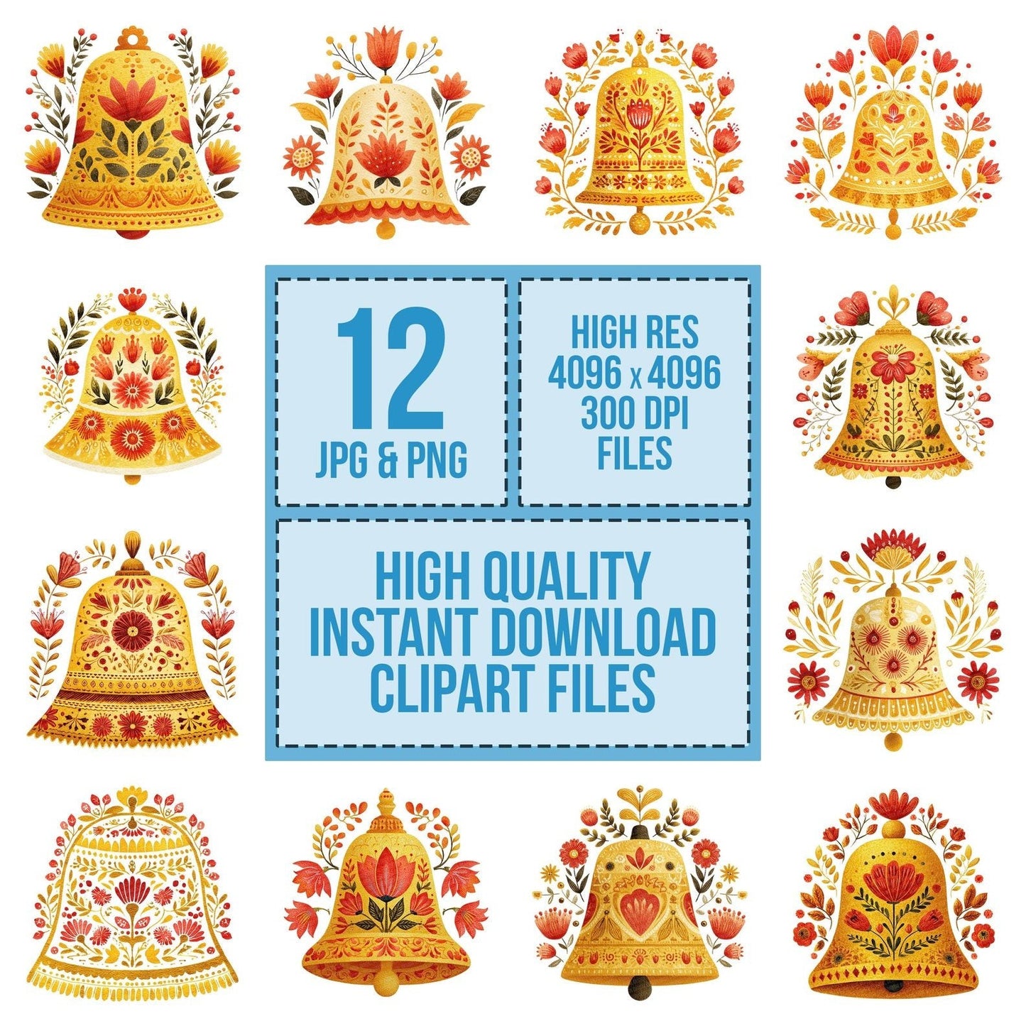 Folk Art Christmas Bell Clipart Set (DDD005469)