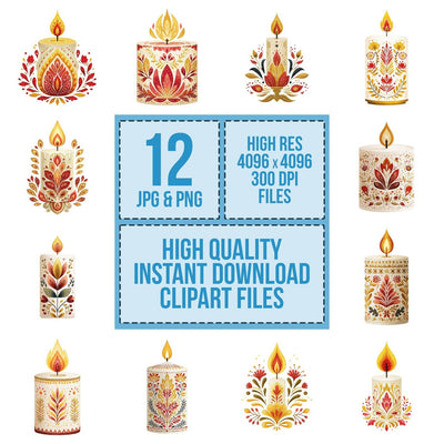 Folk Art Christmas Candle clipart set cover showing the designs and file details