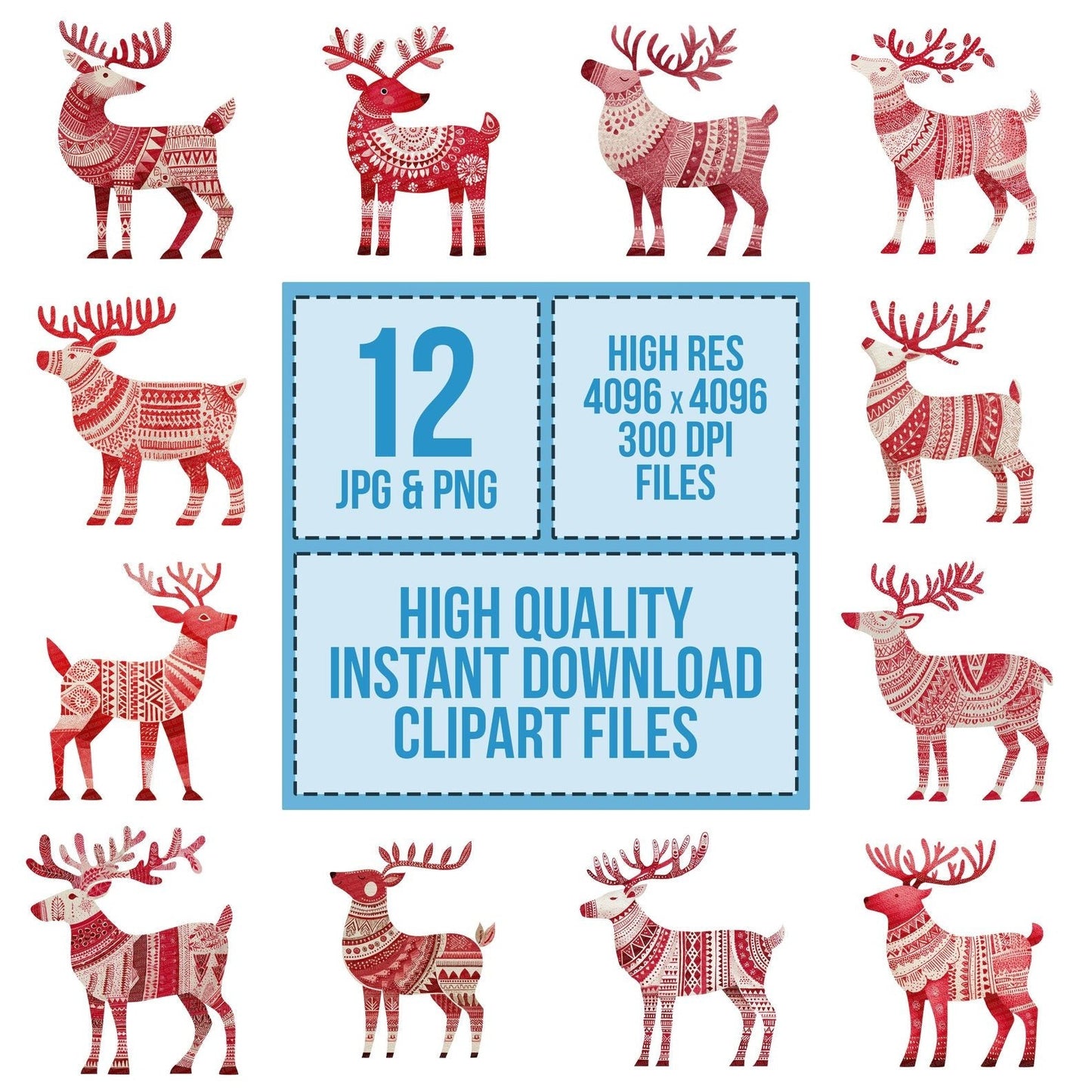 Folk Art Christmas Reindeer Clipart Set (DDD005472)