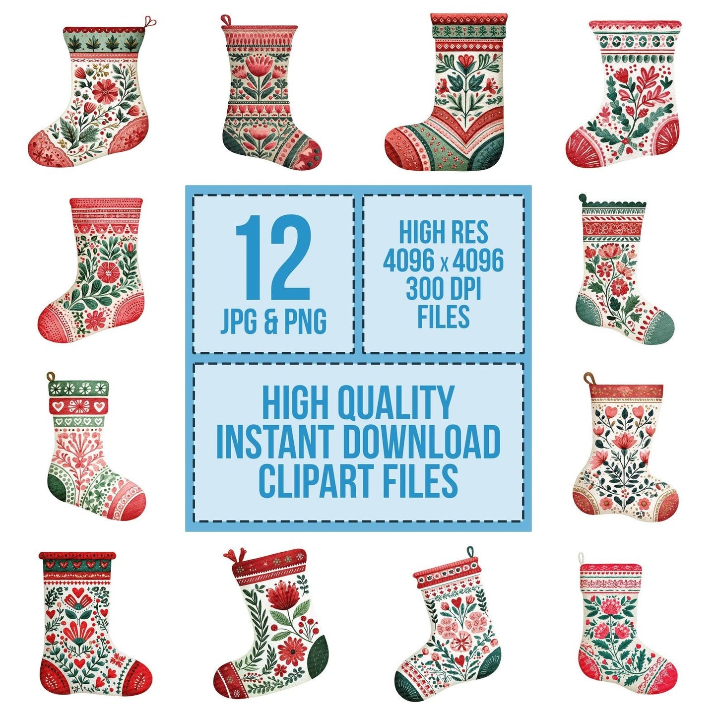 Folk Art Christmas Stocking Clipart Set (DDD005475)