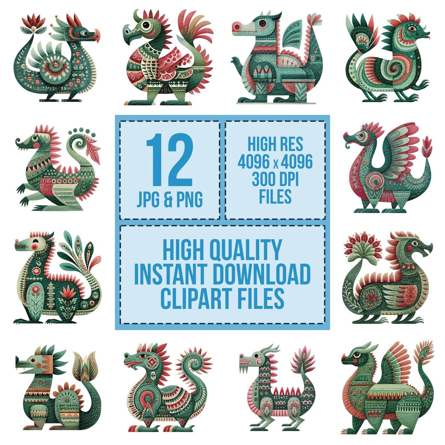 Folk Art Dragon Clipart Set (DDD005481)