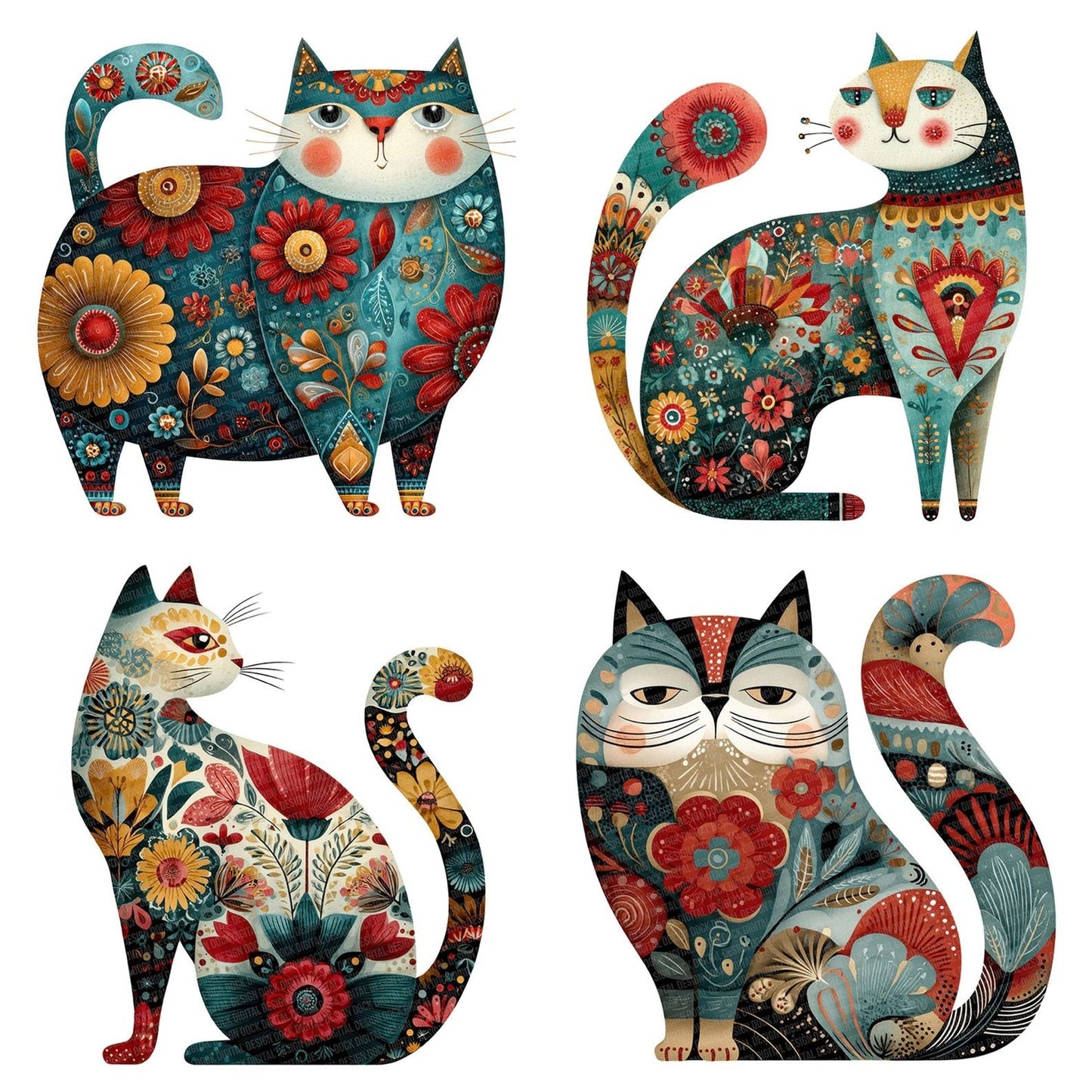 Folk Art Floral Cat Clipart Set (DDD005485)