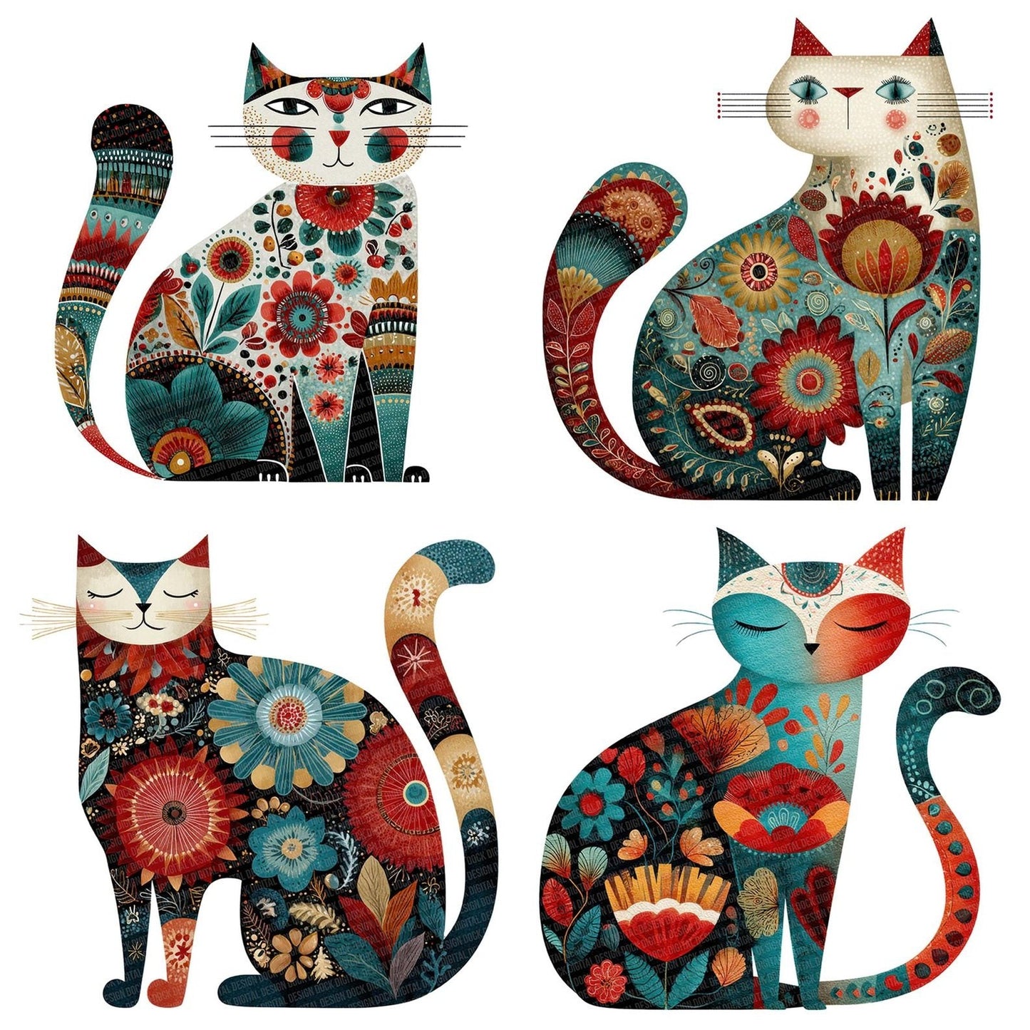 Folk Art Floral Cat Clipart Set (DDD005485)