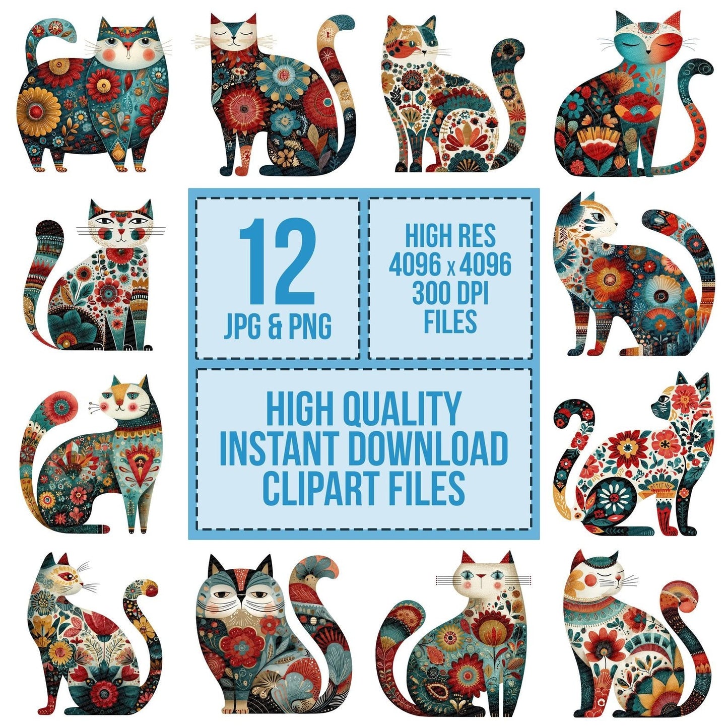 Folk Art Floral Cat Clipart Set (DDD005485)